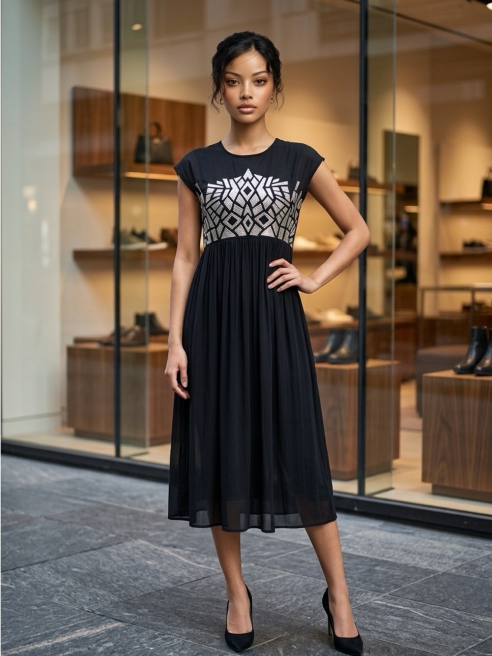 NWT Bl^nk London Anthropologie Women’s Elegant Black Gray Geometric Dress Size S